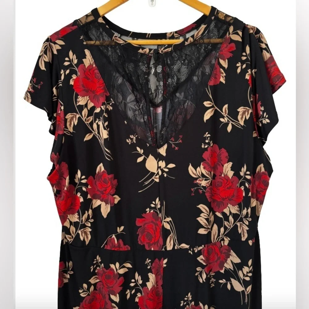 torrid Whimsigoth blk lace & studio knit floral fluttr slv assym midi drss SZ 3 - Picture 9 of 10